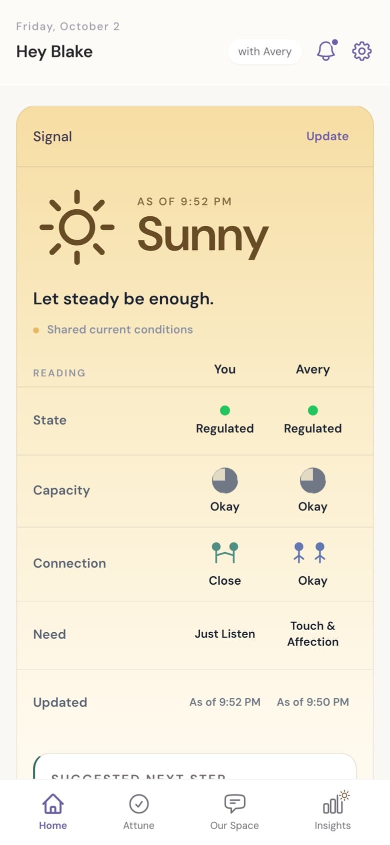 The AttuneTogether home screen: both partners checked in and today's shared weather reads Sunny, Let steady be enough.